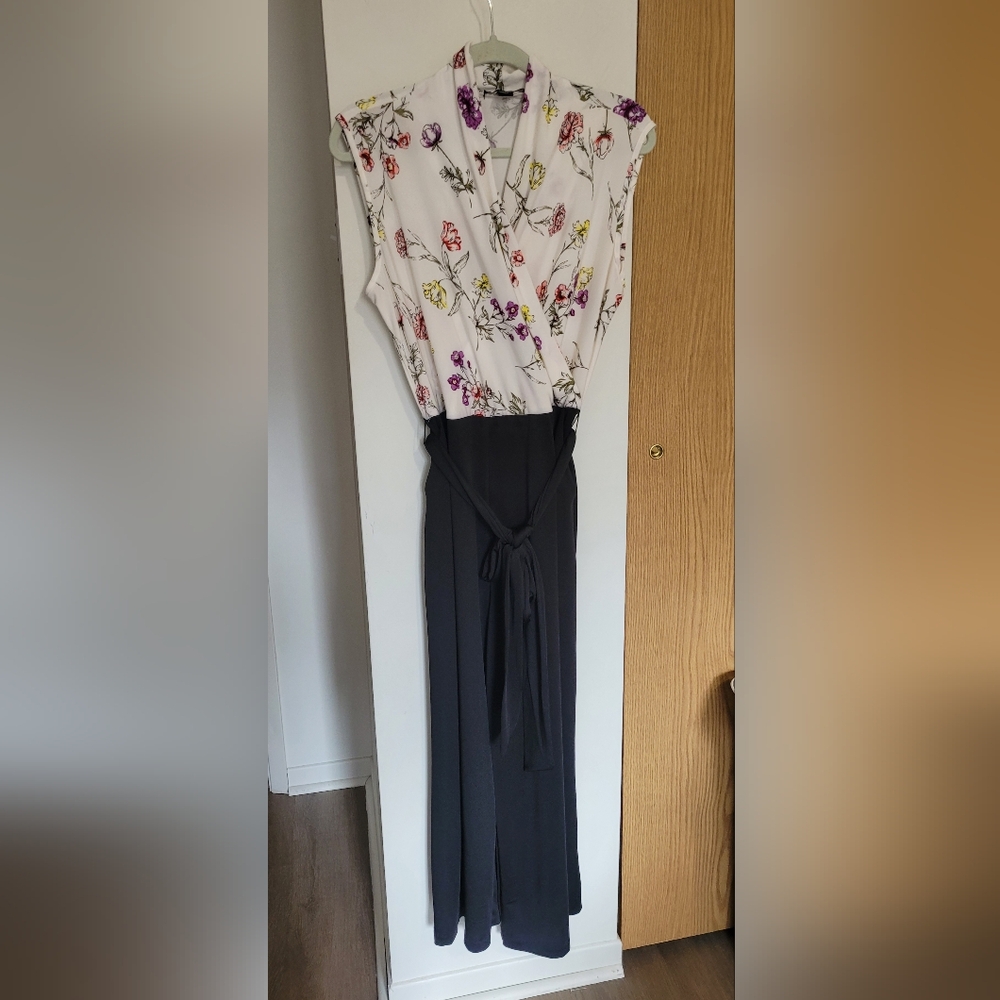 Sleeveless Floral-Print White & Black Tie-Waist Jumpsuit